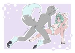 absurd_res anthro ass balls blue_body blue_fur canid canine canis claws clitoral_fingering duo eye_contact female fingering fox fur fur_markings genitals green_hair grey_body grey_fur hair hand_behind_head hi_res kiki_(nekopumpkin) looking_at_another male male/female mammal markings nekopumpkin nipples nude pawpads paws perineum pink_body pink_fur pussy sex simple_background smokey_(nekopumpkin) sparkles sprinkles teasing toe_claws wolf