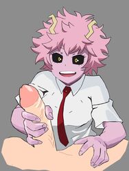 1boy 1girls big_penis black_sclera faceless_male female female_focus handjob horns light-skinned_male looking_at_viewer male male_pov mina_ashido my_hero_academia necktie open_mouth penis pink_hair plain_background pov saku_art school_uniform smile solo_focus spiky_hair straight u.a._school_uniform veiny_penis yellow_eyes