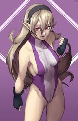 1girls absurdres alternate_costume armpits artist_name bangs bare_shoulders black_gloves black_headband breasts brown_hair commentary commission corrin_(fire_emblem) corrin_(fire_emblem)_(female) cosplay english_commentary fingerless_gloves fingernails fire_emblem fire_emblem_fates gloves grey_hair hair_between_eyes hair_ornament hairband headband highleg highleg_leotard highres leotard lips long_hair looking_at_viewer manakete marvel medium_breasts nintendo pink_lips pointy_ears purple_background purple_leotard red_eyes she-hulk_(cosplay) sideboob signature sleeveless small_breasts smile solo turtleneck two-tone_leotard white_leotard x_xith_x