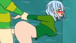 amber_lightvale ambiguous_penetration anal blue_hair blush blushing brown_hair chara glitchtale green_sweater holding_wrists looking_at_partner looking_back motion_lines pantless undertale