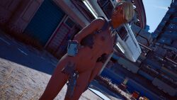 astromons bottomless casual cyberpunk_2077 dark-skinned_female dark_skin exhibitionism female firearm handgun handwear harness holster human mostly_nude naked neckwear nude nude_female public t-bug_(cyberpunk_2077) tactical_nudity weapon