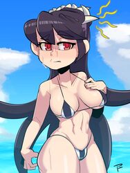 1girls beach bikini bikini_bottom bikini_top filia_(skullgirls) painting_fish samson_(skullgirls) skullgirls solo sweat thick_thighs toned_female