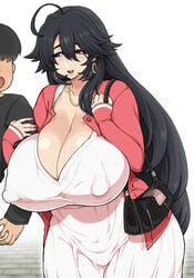 1boy 1girls big_breasts black_eyes black_hair condom condom_wrapper earrings erect_nipples_under_clothes faceless_male kurokagami_ranko long_hair milf nipple_bulge original otogi_tetsurou purse tagme