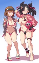 2021 2girls alternate_breast_size anime_style ankle_bracelets ball barefoot belly_button bikini black_bikini black_hair bracelet breasts brown_eyes brown_hair cleavage curvaceous double_v earrings feet female female_focus female_only fingerless_gloves footwear gloria_(pokemon) gloves green_eyes grey_jacket handwear hi_res holding_object horny huge_breasts human human_only jacket konno_tohiro marnie_(pokemon) medium_hair micro_bikini nintendo open_jacket peace_sign pink_bikini pink_jacket pokemon pokemon_ss ribbon ribbon_in_hair sandals short_hair simple_background skindentation smile smiling thick_thighs thigh_strap twintails underboob visor visor_cap