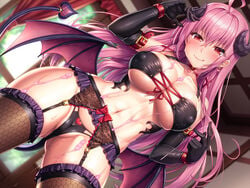 bikini_armor cameltoe cream fishnets garter_belt horns lambda_(artist) lambda_(kusowarota) original original_character pink_hair pussy_juice red_eyes stockings succubus tail thighhighs thong wings