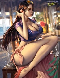 1girls ass big_breasts black_eyes black_hair busty cleavage clothed clothing crop_top detailed_background female female_only footwear fully_clothed heels high_heels jacket large_breasts legs light-skinned_female light_skin long_hair long_skirt nico_robin no_bra no_panties one_piece pale-skinned_female pale_skin pink_lips pinup red_heels red_high_heels sarong shounen_jump side_view sitting skirt solo stiletto_heels sunglasses sunglasses_on_head thick_thighs thighs voluptuous yichimoo