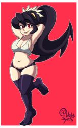 1girls armpits arms_behind_head belly belly_button big_breasts black_hair black_panties blush casual_clothes chubby_female feet filia_(skullgirls) loose_shirt navel panties ponytail red_eyes samson_(skullgirls) skullgirls thick_thighs thighhighs thighs underwear violetsynth wide_hips