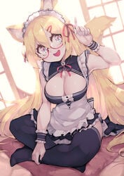 1girls 2021 big_breasts blonde_hair cleavage cute female fox_ears fox_girl fox_tail glasses kemonomimi konko maid maid_headdress maid_uniform parororo tagme thighhighs your_waifu_foxgirl_konko