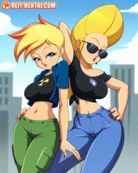 2girls 5_fingers belly belly_button big_breasts black_nail_polish black_nails blonde_hair blue_eyes breasts canon_genderswap cartoon_network crossover eyelashes female female_focus female_only fully_clothed genderswap_(mtf) hourglass_figure jenny_bravo jenny_test johnny_bravo johnny_bravo_(series) johnny_test johnny_test_(series) long_eyelashes long_hair looking_at_viewer medium_breasts mtf_crossgender multiple_girls radiation_symbol red_highlights red_nail_polish red_nails reit rule_63 seductive seductive_eyes seductive_look seductive_pose short_hair shoulders stomach sunglasses tinted_eyewear wide_hips