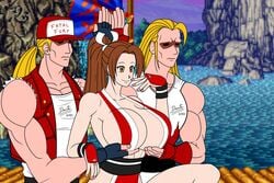 1girls andy_bogard brother brothers brown_eyes brown_hair busty fatal_fury female female_focus hourglass_figure king_of_fighters kunoichi mai_shiranui meme ninja servants_holding_aphrodite's_breasts_(meme) snk tagme terry_bogard wide_hips wolfdog_shiranui