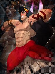 abs asterius_(hades) bara biceps black_hair bulge demigod furry gay greek_mythology hades_(game) held_down henry_partum horns huge_bulge luxuris male male_only minotaur muscle muscles muscular muscular_male nipples sweating sweating_profusely taken_from_behind teeth_clenched zagreus