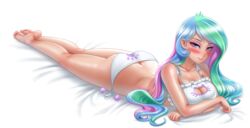 aqua_hair areolae ass bed blush bra breasts cat_keyhole_bra cat_keyhole_lingerie cat_lingerie cleavage cleavage_cutout human humanized long_hair lying lying_down multicolored_hair my_little_pony nipples not_furry panties pink_hair pinup pose princess_celestia_(mlp) purple_hair racoonkun seductive sheets smile smooth_skin underwear wide_hips