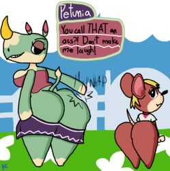 2018 2girls animal_crossing ass_cleavage ass_envy azalea_(animal_crossing) butt_crack butt_size_difference carmen_(animal_crossing)_(mouse) comparing comparison english_text klutzatdusk mouse nintendo rhinoceros shortstack size_difference spanking teasing