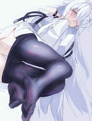 1girls artist_request color_edit feet female foot_fetish gray_eyes hair_ornament long_hair no.21 pale_skin panties pantyhose petite punishing:_gray_raven robot_girl small_breasts soles solo third-party_edit toes white_hair