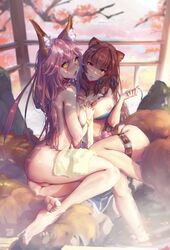 2girls animal_ear_fluff animal_ears ass bare_legs barefoot bikini blue_bikini blurry blurry_background boobs bracelet breast_hold breasts brown_hair completely_nude crossover day depth_of_field extremely_large_filesize fate/grand_order fate_(series) feet female flower garter hair_between_eyes head_tilt high_resolution in_profile jewelry kitsune large_breasts large_filesize legs long_hair looking_at_viewer medium_breasts mitsu_art multiple_girls nipples nude oerba_yun_fang onsen open_mouth outdoors paid_reward partially_submerged patreon_reward photoshop_(medium) pink_hair pulled_by_self raphtalia slave slave_crest soaking_feet steam strap_gap strap_pull string_bikini swimsuit tagme tail tamamo_no_mae_(fate) tate_no_yuusha_no_nariagari tattoo thigh_strap uncensored undressing untied untied_bikini vagina very_high_resolution wet yellow_eyes yuri