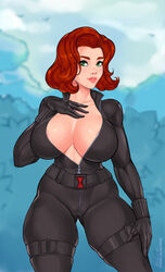 1girls alternate_version_available ange1witch avengers big_breasts black_widow_(marvel) bodysuit breasts cleavage female female_only human human_only large_breasts light-skinned_female light_skin marvel marvel_comics mature_female natasha_romanoff red_hair solo solo_female thick_thighs tight_clothing unzipped unzipped_bodysuit wide_hips