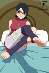 1girls arekusanderu arms_behind_back bandage bandaged_leg bare_arms bare_shoulders bed bedroom bike_shorts black_eyes black_hair black_legwear blush boruto:_naruto_next_generations clothed clothing cute feet feet_together feet_up female female_focus female_only foot_fetish foot_focus foot_worship fully_clothed glasses jacket legs legs_up legwear light-skinned_female light_skin looking_at_viewer naruto naruto_(series) no_shoes on_bed pose posing pov pov_eye_contact sarada_uchiha short_hair shorts shoulder_length_hair shounen_jump sitting sleeveless smile smiling soles solo solo_female solo_focus teenager thighhighs toeless_legwear toeless_socks toes