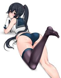 ass asymmetrical_legwear bad_id bad_pixiv_id bangs bare_shoulders barefoot bikini bikini_bottom bikini_pull black_hair black_legwear blue_bikini blue_bikini_bottom blush breasts closed_eyes elbow_gloves elbow_rest eyebrows_visible_through_hair feet female female from_behind gloves hair_between_eyes hair_tie high_resolution in_profile interlocked_fingers kantai_collection leg_up long_hair looking_at_viewer looking_back lying medium_breasts no_pants no_shoes on_stomach own_hands_together ponytail red_eyes sailor_collar scrunchie shadow shiny shiny_skin shirt side-tie_bikini sidelocks simple_background single_thighhigh sleeveless sleeveless_shirt smile soles solo swimsuit tagme thighhighs tied_hair trefoil very_long_hair white_background white_gloves white_shirt yahagi_(kantai_collection) z5987