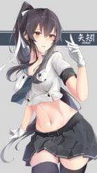 black_hair black_legwear black_skirt breasts brown_eyes clothing cowboy_shot female gloves high_ponytail high_resolution jenson_tw kantai_collection legwear long_hair midriff miniskirt navel pleated_skirt ponytail remodel_(kantai_collection) shirt short_sleeves sidelocks skirt small_breasts solo tagme thighhighs tied_hair white_gloves white_shirt yahagi_(kantai_collection)