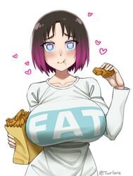 :t bag big_breasts black_hair blue_eyes breasts clothes_writing collarbone commentary eating elma_(dragon_maid) elma_(maidragon) english_text eyes_visible_through_hair female food gradient_hair heart heart-shaped_pupils huge_breasts kobayashi-san_chi_no_maidragon large_breasts long_sleeves looking_at_viewer miss_kobayashi's_dragon_maid multicolored_hair paper_bag pink_hair shirt short_hair simple_background solo symbol-shaped_pupils taiyaki twitter_username twrlare upper_body wagashi white_background white_shirt