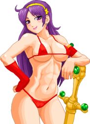 1girls athena_(series) athena_asamiya breasts cameltoe cleft_of_venus cosplay covered_erect_nipples curvy erect_nipples erect_nipples_under_bikini female huge_breasts king_of_fighters looking_at_viewer lowres matching_hair/eyes micro_bikini pixel_art princess_athena psycho_soldier purple_eyes purple_hair red_micro_bikini seductive seductive_smile smile sword transparent_background warnerc weapon