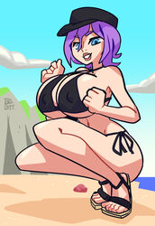 1girls beach big_breasts bikini breasts bullsh1tartist clothed clothing female female_only huge_breasts human light-skinned_female light_skin mostly_nude original_character purple_hair second-party_source solo squatting wide_hips