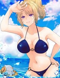 1boy 1girls alternate_species beach big_breasts bikini blonde_female blonde_hair blue_bikini brach bursting_breasts cleavage facial_scar female female_focus gintama gintoki_sakata hand_on_hip looking_at_viewer official_alternate_costume paleatus partially_submerged purple_eyes scar smile solo_focus swimsuit tsukuyo water wide_hips