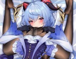 2girls 69 ass bangs black_legwear blue_hair blush dakimakura_(medium) furrowed_brow ganyu_(genshin_impact) genshin_impact gloves horns imminent_cunnilingus keqing_(genshin_impact) looking_at_viewer multiple_girls panties pantyhose spread_legs underwear wu_ganlan_cai yuri