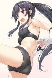 >:o :o ass bare_shoulders black_bra black_hair black_panties black_underwear blush bow bow_bra bra breasts cowboy_shot female female female_only gloves gradient gradient_background kantai_collection leg_lift lingerie long_hair medium_breasts outstretched_arms pantsu ponytail purple_bow red_eyes roundhouse_kick sidelocks simple_background solo standing strap_gap tagme takayaki taut_clothes thighs tied_hair underwear underwear_only v-shaped_eyebrows white_gloves yahagi_(kantai_collection)