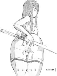 1girls ass big_ass breasts female female_only hand_on_ass hand_on_butt kill_la_kill kiryuuin_satsuki long_hair looking_at_viewer looking_back mayskiart presenting_pussy shoulders solo solo_female weapon