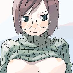 blush female glasses large_breasts lowres mimoza_lorange nanatsu_no_miya shirt_lift short_hair smile solo summon_night sweater