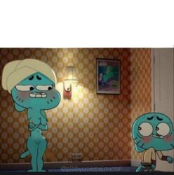 big_breasts blue_body blush cartoon_network feline gumball_watterson heart-shaped_pupils nicole_watterson pink_nipples shower sneaking sweat the_amazing_world_of_gumball