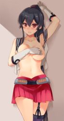 asymmetrical_legwear blush breasts clavicle covering covering_breasts eyebrows eyebrows_visible_through_hair female garter_straps gloves hair_between_eyes hair_tie ichinomiya_(blantte) kantai_collection lingerie lips long_hair looking_at_viewer medium_breasts navel open_clothes parted_lips ponytail red_eyes red_skirt shadow skirt smile solo stomach thighs tied_hair underwear very_long_hair wall white_gloves yahagi_(kantai_collection)