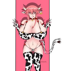 autumnvonflux big_breasts bra breasts collar cow_ears cow_print cow_tail gasai_yuno gloves horn mirai_nikki pink_hair thighhighs