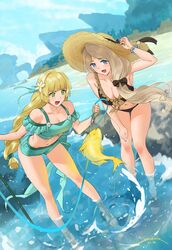 2girls :d alternate_costume bangs bare_shoulders beach bikini black_bikini black_swimsuit blonde_hair blue_eyes blunt_bangs blush braid braided_ponytail breasts cleavage collarbone fire_emblem fire_emblem:_three_houses fire_emblem_heroes fish fishing flower flower_in_hair green_bikini green_eyes green_swimsuit hair_flower hair_ornament hat highres ingrid_brandl_galatea ingrid_brandl_galatea_(summer) large_breasts long_braid long_hair looking_at_viewer mercedes_von_martritz mercedes_von_martritz_(summer) multiple_girls navel nintendo ocean off-shoulder_bikini off_shoulder official_alternate_costume open_mouth parted_bangs ribbon sandals sendrawz smile straw_hat sunhat swimsuit thighs water wet x_x