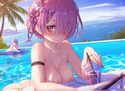 1boy 2girls areolae arm_strap ass blue_eyes blue_hair blush breasts breasts_out cellphone completely_nude erect_nipples female female_focus high_resolution looking_at_viewer medium_breasts mitsu_art multiple_girls natsuki_subaru nipples nude palm_tree phone pink_eyes pink_hair pool ram_(re:zero) re:zero_kara_hajimeru_isekai_seikatsu rem_(re:zero) short_hair sweat swimming tagme tree very_high_resolution wet