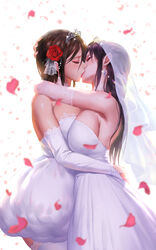 2girls arms_around_waist big_breasts breast_press breasts choker cleavage couple earrings elbow_gloves eyelashes eyeliner eyeshadow female female_only hi_res hug kissing large_breasts lingerie lipstick long_hair makeup multiple_girls stockings tears wedding wedding_dress wife_and_wife yuri yuritamashi