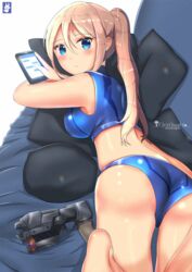 1girls ass barefoot blue_eyes blue_panties chinchongcha female female_only gun holding_phone looking_at_viewer metroid nintendo only_female panties phone samus_aran shiny solo solo_female sports_bra sportswear