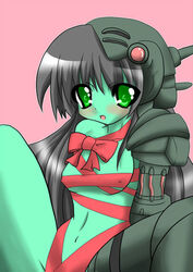 1girls breasts cyborg female female_only green_eyes green_skin psychic_lifetrancer ribbon sitting solo tagme yu-gi-oh!