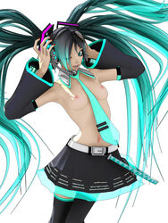 1girls 3d areolae belt black_hair blue_hair breasts calne_ca cosplay covering_ear crustacean deino detached_sleeves fanloid female female_only hands_over_ear hatsune_miku hatsune_miku_(cosplay) headset highres human human_only isopod karune_ca karune_calcium light-skinned_female light_skin long_hair maeda_koutarou multicolored_hair nail_polish nato-kun necktie nipples original pleated_skirt red_nails shirtless skirt smile solo teeth thighhighs tied_hair topless twintails vocaloid white_background