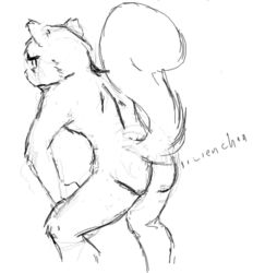 1boy anthro filbert_(rq) from_behind furry looking_away male male_only monochrome raised_tail ruby_quest sketch solo squatting squirrel white_background