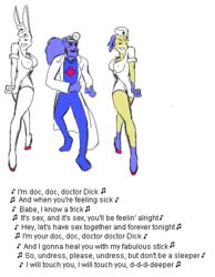 big_breasts crossover daisy_(rq) doctor filbert_(rq) high_heels nipple_bulge nurse ruby_(rq) ruby_quest smile song_lyrics walking white_background