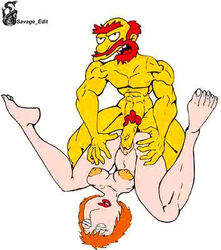 big_muscles crossover family_guy female groundskeeper_willie human lois_griffin male matt_groening_(style) muscular_male nude pale_skin penis red_hair sex straight tagme the_simpsons toony yellow_skin