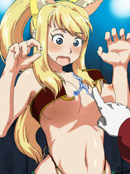 animal_ears beltbra blonde_hair blue_eyes blush breasts breasts_apart color cosplay crossover edward_elric female fullmetal_alchemist gloves human liru liru_(cosplay) long_hair male navel nipples o-ring_bottom o-ring_top oekaki pointy_chin ponytail renkin_san-kyuu_magical_pokaan sigred tail tied_hair wardrobe_malfunction winry_rockbell wolf_ears wolf_tail