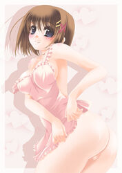 ass blue_eyes blush breasts brown_hair erect_nipples female frapowa hayate_yagami human looking_back lyrical_nanoha mahou_shoujo_lyrical_nanoha mahou_shoujo_lyrical_nanoha_strikers naked_apron pussy strap_slip uncensored