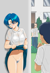 1boy 1girls ami_mizuno belly_button bishoujo_senshi_sailor_moon blue_eyes blue_hair bra clothing exhibitionism female glasses lifting_skirt male pubic_hair red103 school_uniform see-through see-through_clothing skirt skirt_lift small_breasts tagme