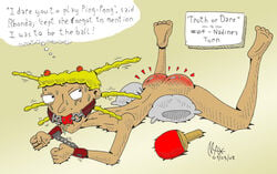 1girls 2008 artist_name ball_gag blonde_hair bondage completely_nude dated feet_up femdom full_body gag gagged gradient_background hey_arnold! lying lying_on_stomach megawackymax nadine nadine_(hey_arnold) nickelodeon nude on_stomach pillow ping_pong simple_background skinny solo spanked spanked_butt spanking sweatdrop table_tennis table_tennis_paddle thought_bubble