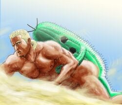 1boy anal artist_request ass biceps blonde_hair blue_eyes cactuar facial_hair final_fantasy final_fantasy_vi gay male male_nipples monster monster_on_male muscles pecs penis sabin_rene_figaro sweat uncensored vein veiny_penis yaoi