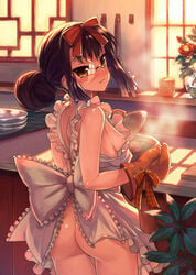 ass blush breasts brown_eyes brown_hair character_request cooking flower glasses gloves hair_bun highres kitchen koihime†_(series) koihime_musou mittens naked_apron nipples plant pointy_chin ribbon ryomou_shimei_(koihime) shin_koihime_musou shirane_taito sunlight window