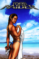 adam_hughes beach day female female_only gun holding_gun holding_object holding_weapon human lara_croft lara_croft_(classic) outdoors side_view sky solo standing tagme tan_skin tomb_raider topless